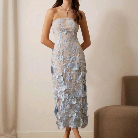 Dresses & Skirts - Women's Embroidered 3D Floral Bandeau Midi Dress, For Party